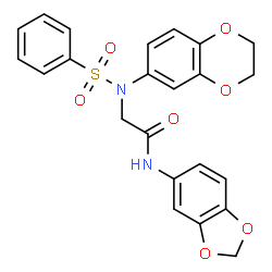 ChemSpider 2D Image | N-1,3-Benzodioxol-5-yl-N~2~-(2,3-dihydro-1,4-benzodioxin-6-yl)-N~2~-(phenylsulfonyl)glycinamide | C23H20N2O7S