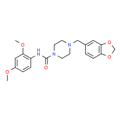 ChemSpider 2D Image | 4-(1,3-Benzodioxol-5-ylmethyl)-N-(2,4-dimethoxyphenyl)-1-piperazinecarboxamide | C21H25N3O5