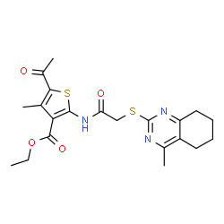 ChemSpider 2D Image | Ethyl 5-acetyl-4-methyl-2-({[(4-methyl-5,6,7,8-tetrahydro-2-quinazolinyl)sulfanyl]acetyl}amino)-3-thiophenecarboxylate | C21H25N3O4S2