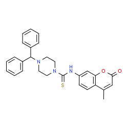 ChemSpider 2D Image | 4-(Diphenylmethyl)-N-(4-methyl-2-oxo-2H-chromen-7-yl)-1-piperazinecarbothioamide | C28H27N3O2S
