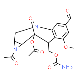 ChemSpider 2D Image | 11-Acetyl-8-[(carbamoyloxy)methyl]-4-formyl-6-methoxy-14-oxa-1,11-diazatetracyclo[7.4.1.0~2,7~.0~10,12~]tetradeca-2,4,6-trien-9-yl acetate | C19H21N3O8
