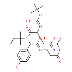 ChemSpider 2D Image | Ethyl N-{(4-hydroxyphenyl)[(2-methyl-2-butanyl)(N~2~-{[(2-methyl-2-propanyl)oxy]carbonyl}asparaginyl)amino]acetyl}-beta-alaninate | C27H42N4O8