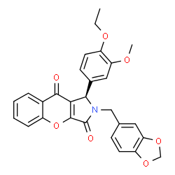 ChemSpider 2D Image | (1R)-2-(1,3-Benzodioxol-5-ylmethyl)-1-(4-ethoxy-3-methoxyphenyl)-1,2-dihydrochromeno[2,3-c]pyrrole-3,9-dione | C28H23NO7