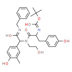 ChemSpider 2D Image | N-[2-(Benzylamino)-1-(4-hydroxy-3-methylphenyl)-2-oxoethyl]-N-(2-hydroxyethyl)-Nalpha-{[(2-methyl-2-propanyl)oxy]carbonyl}tyrosinamide | C32H39N3O7