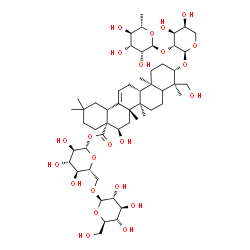 ChemSpider 2D Image | 1-O-[(3beta,5xi,16alpha,18alpha)-3-{[2-O-(6-Deoxy-alpha-L-mannopyranosyl)-alpha-L-arabinopyranosyl]oxy}-16,23-dihydroxy-28-oxoolean-12-en-28-yl]-6-O-beta-D-glucopyranosyl-beta-D-glucopyranose | C53H86O23