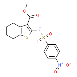 ChemSpider 2D Image | Methyl 2-{[(4-nitrophenyl)sulfonyl]amino}-4,5,6,7-tetrahydro-1-benzothiophene-3-carboxylate | C16H16N2O6S2