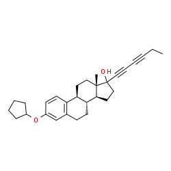 ChemSpider 2D Image | (8R,9S,13S,14S)-3-(Cyclopentyloxy)-17-(1,3-hexadiyn-1-yl)-13-methyl-7,8,9,11,12,13,14,15,16,17-decahydro-6H-cyclopenta[a]phenanthren-17-ol | C29H36O2