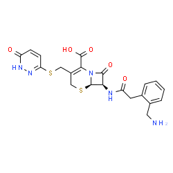 ChemSpider 2D Image | (6R,7R)-7-({[2-(Aminomethyl)phenyl]acetyl}amino)-8-oxo-3-{[(6-oxo-1,6-dihydro-3-pyridazinyl)sulfanyl]methyl}-5-thia-1-azabicyclo[4.2.0]oct-2-ene-2-carboxylic acid | C21H21N5O5S2