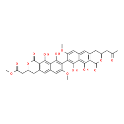 ChemSpider 2D Image | Methyl [9,9',10,10'-tetrahydroxy-7,7'-dimethoxy-1,1'-dioxo-3'-(2-oxopropyl)-3,3',4,4'-tetrahydro-1H,1'H-8,8'-bibenzo[g]isochromen-3-yl]acetate | C34H30O13