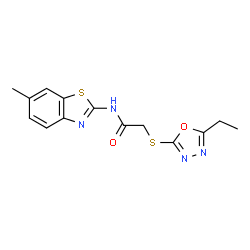 ChemSpider 2D Image | 2-[(5-Ethyl-1,3,4-oxadiazol-2-yl)sulfanyl]-N-(6-methyl-1,3-benzothiazol-2-yl)acetamide | C14H14N4O2S2