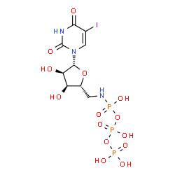 ChemSpider 2D Image | 5'-Deoxy-5'-[(hydroxy{[hydroxy(phosphonooxy)phosphoryl]oxy}phosphoryl)amino]-5-iodouridine | C9H15IN3O14P3