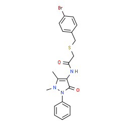 ChemSpider 2D Image | 2-[(4-Bromobenzyl)sulfanyl]-N-(1,5-dimethyl-3-oxo-2-phenyl-2,3-dihydro-1H-pyrazol-4-yl)acetamide | C20H20BrN3O2S