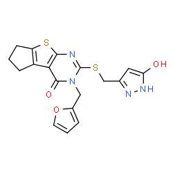 ChemSpider 2D Image | 3-(2-Furylmethyl)-2-{[(5-hydroxy-1H-pyrazol-3-yl)methyl]sulfanyl}-3,5,6,7-tetrahydro-4H-cyclopenta[4,5]thieno[2,3-d]pyrimidin-4-one | C18H16N4O3S2
