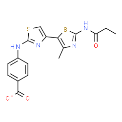 ChemSpider 2D Image | 4-{[4'-Methyl-2'-(propionylamino)-4,5'-bi-1,3-thiazol-2-yl]amino}benzoate | C17H15N4O3S2