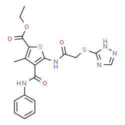ChemSpider 2D Image | Ethyl 3-methyl-4-(phenylcarbamoyl)-5-{[(1H-1,2,4-triazol-5-ylsulfanyl)acetyl]amino}-2-thiophenecarboxylate | C19H19N5O4S2