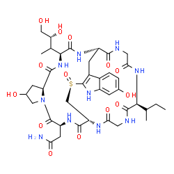ChemSpider 2D Image | Cyclic(L-asparaginyl-4-hydroxy-L-prolyl-(R)-4,5-dihydroxy-L-isoleucyl-6-hydroxy-2-mercapto-L-tryptophylglycyl-L-isoleucylglycyl-L-cysteinyl) Cyclic (4®8)-Sulfide (R)-S-Oxide | C39H54N10O14S