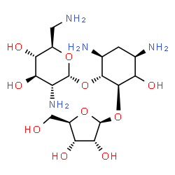 ChemSpider 2D Image | O-2,6-Diamino-2,6-dideoxy-a-D-glucopyranosyl-(1®4)-O-[b-D-ribofuranosyl-(1®5)]-2-deoxy-D-streptamine | C17H34N4O10