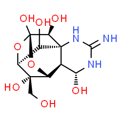 ChemSpider 2D Image | Octahydro-12-(hydroxymethyl)-2-imino-5,9:7,10a-dimethano-10aH[1,3]dioxocino[6,5-d]pyrimidine-4,7,10,11,12-pentol | C11H17N3O8
