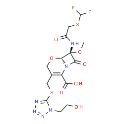 ChemSpider 2D Image | (6R-cis)-7-[[[(Difluoromethyl)thio]acetyl]amino]-3-[[[1-(2-hydroxyethyl)-1H-tetrazol-5-yl]thio]methyl]-7-methoxy-8-oxo-5-oxa-1-azabicyclo[4.2.0]oct-2-ene-2-carboxylic Acid | C15H18F2N6O7S2