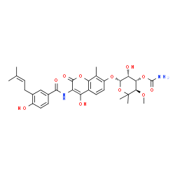 ChemSpider 2D Image | N-[7-[[3-O-(Aminocarbonyl)-6-deoxy-5-C-methyl-4-O-methyl-b-L-lyxo-hexopyranosyl]oxy]-4-hydroxy-8-methyl-2-oxo-2H-1-benzopyran-3-yl]-4-hydroxy-3-(3-methyl-2-butenyl)benzamide | C31H36N2O11