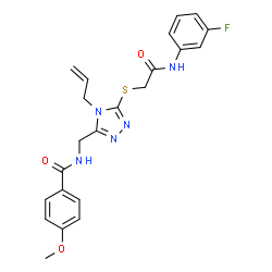 ChemSpider 2D Image | N-{[4-Allyl-5-({2-[(3-fluorophenyl)amino]-2-oxoethyl}sulfanyl)-4H-1,2,4-triazol-3-yl]methyl}-4-methoxybenzamide | C22H22FN5O3S
