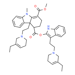 ChemSpider 2D Image | 4-{3-[2-(5-Ethyl-3,6-dihydro-1(2H)-pyridinyl)ethyl]-1H-indol-2-yl} 1-methyl 4a-[2-(5-ethyl-3,6-dihydro-1(2H)-pyridinyl)ethyl]-9-methyl-3,4,4a,9-tetrahydro-2H-carbazole-1,4-dicarboxylate | C42H52N4O4