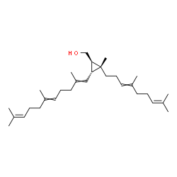 ChemSpider 2D Image | [(1R,2R,3R)-2-(4,8-Dimethyl-3,7-nonadien-1-yl)-2-methyl-3-(2,6,10-trimethyl-1,5,9-undecatrien-1-yl)cyclopropyl]methanol | C30H50O