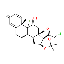 ChemSpider 2D Image | (4aS,5S,6aS,6bS,9aS,10aS,10bS)-6b-(Chloroacetyl)-4b-fluoro-5-hydroxy-4a,6a,8,8-tetramethyl-4a,4b,5,6,6a,6b,9a,10,10a,10b,11,12-dodecahydro-2H-naphtho[2',1':4,5]indeno[1,2-d][1,3]dioxol-2-one | C24H30ClFO5