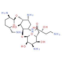 ChemSpider 2D Image | (2S)-4-Amino-N-{(1S,2R,3S,4R,5R)-5-amino-2-[(3-amino-3-deoxy-alpha-D-allopyranosyl)oxy]-4-[(2,6-diamino-2,3,4,6-tetradeoxy-alpha-D-erythro-hexopyranosyl)oxy]-3-hydroxycyclohexyl}-2-hydroxybutanamide | C22H44N6O10