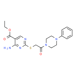 ChemSpider 2D Image | Ethyl 4-amino-2-{[2-oxo-2-(4-phenyl-1-piperazinyl)ethyl]sulfanyl}-5-pyrimidinecarboxylate | C19H23N5O3S