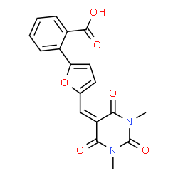 ChemSpider 2D Image | 2-{5-[(1,3-Dimethyl-2,4,6-trioxotetrahydro-5(2H)-pyrimidinylidene)methyl]-2-furyl}benzoic acid | C18H14N2O6
