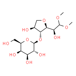 ChemSpider 2D Image | (2S,3R,4S,5R,6R)-2-({(2S,3R,4S)-4-Hydroxy-2-[(1S)-1-hydroxy-2,2-dimethoxyethyl]tetrahydro-3-furanyl}oxy)-6-(hydroxymethyl)tetrahydro-2H-pyran-3,4,5-triol | C14H26O11
