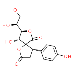 ChemSpider 2D Image | (4S,8R,9R)-8-[(1S)-1,2-Dihydroxyethyl]-9-hydroxy-4-(4-hydroxyphenyl)-1,7-dioxaspiro[4.4]nonane-2,6-dione | C15H16O8