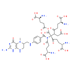 ChemSpider 2D Image | (2S,6R,11S)-2,11-Diamino-6-{[(4S)-4-amino-4-carboxybutanoyl](4-{[(2-amino-5-methyl-4-oxo-1,4,5,6,7,8-hexahydro-6-pteridinyl)methyl]amino}benzoyl)amino}-6-({[(4S)-4-amino-4-carboxybutanoyl]oxy}carbonyl
)-7-(carboxymethyl)-5,8-dioxododecanedioic acid | C40H53N11O18