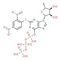 ChemSpider 2D Image | 9-(5-Deoxy-beta-D-ribofuranosyl)-2-[(2,4-dinitrophenyl)sulfanyl]-6-[(hydroxy{[hydroxy(phosphonooxy)phosphoryl]oxy}phosphoryl)oxy]-9H-purine | C16H17N6O17P3S
