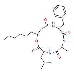 ChemSpider 2D Image | 9-Benzyl-13-hexyl-3-isobutyl-6-methyl-1-oxa-4,7,10-triazacyclotridecane-2,5,8,11-tetrone | C27H41N3O5