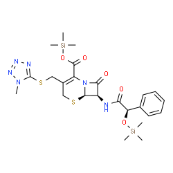 ChemSpider 2D Image | Trimethylsilyl (6R,7R)-3-{[(1-methyl-1H-tetrazol-5-yl)sulfanyl]methyl}-8-oxo-7-({(2R)-2-phenyl-2-[(trimethylsilyl)oxy]acetyl}amino)-5-thia-1-azabicyclo[4.2.0]oct-2-ene-2-carboxylate | C24H34N6O5S2Si2