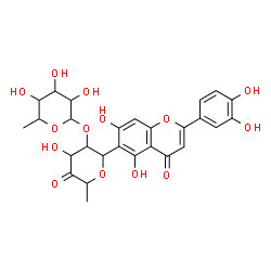 ChemSpider 2D Image | 2,6-Anhydro-1-deoxy-5-O-(6-deoxyhexopyranosyl)-6-[2-(3,4-dihydroxyphenyl)-5,7-dihydroxy-4-oxo-4H-chromen-6-yl]hex-3-ulose | C27H28O14