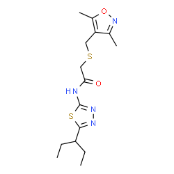 ChemSpider 2D Image | 2-{[(3,5-Dimethyl-1,2-oxazol-4-yl)methyl]sulfanyl}-N-[5-(3-pentanyl)-1,3,4-thiadiazol-2-yl]acetamide | C15H22N4O2S2