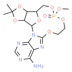 ChemSpider 2D Image | 15-Methoxy-21,21-dimethyl-11,14,16,20,22,24-hexaoxa-2,4,6,9-tetraaza-15-phosphapentacyclo[16.5.1.0~2,10~.0~3,8~.0~19,23~]tetracosa-3,5,7,9-tetraen-7-amine 15-oxide | C16H22N5O8P