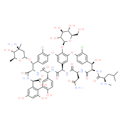 ChemSpider 2D Image | (1S,2R,18R,19R,22S,25R,28R,40R)-22-(2-Amino-2-oxoethyl)-2-[(3-amino-2,3,6-trideoxy-3-methyl-alpha-L-arabino-hexopyranosyl)oxy]-5,15-dichloro-48-(beta-D-glucopyranosyloxy)-18,32,35,37-tetrahydroxy-19-[
(N-methyl-D-leucyl)amino]-20,23,26,42,44-pentaoxo-7,13-dioxa-21,24,27,41,43-pentaazaoctacyclo[26.14.2.2~3,6~.2~14,17~.1~8,12~.1~29,33~.0~10,25~.0~34,39~]pentaconta-3,5,8(48),9,11,14,16,29(45),30,32,34
,36,38,46,49-pentadecaene-40-carboxylic acid | C66H75Cl2N9O24