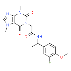 ChemSpider 2D Image | 2-(3,7-Dimethyl-2,6-dioxo-2,3,6,7-tetrahydro-1H-purin-1-yl)-N-[1-(3-fluoro-4-methoxyphenyl)ethyl]acetamide | C18H20FN5O4