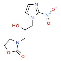 ChemSpider 2D Image | 3-[2-Hydroxy-3-(2-nitro-1H-imidazol-1-yl)propyl]-1,3-oxazolidin-2-one | C9H12N4O5