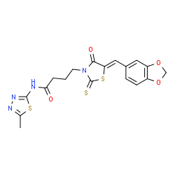 ChemSpider 2D Image | 4-[(5Z)-5-(1,3-Benzodioxol-5-ylmethylene)-4-oxo-2-thioxo-1,3-thiazolidin-3-yl]-N-(5-methyl-1,3,4-thiadiazol-2-yl)butanamide | C18H16N4O4S3
