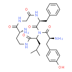 ChemSpider 2D Image | (3S,6S,12R)-12-Amino-6-benzyl-3-isobutyl-4-(L-tyrosyl)-1,4,7,10-tetraazacyclotetradecane-2,5,8,11-tetrone | C30H40N6O6