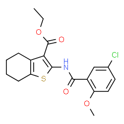 ChemSpider 2D Image | Ethyl 2-[(5-chloro-2-methoxybenzoyl)amino]-4,5,6,7-tetrahydro-1-benzothiophene-3-carboxylate | C19H20ClNO4S
