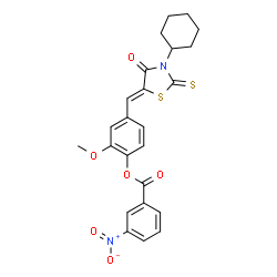 ChemSpider 2D Image | 4-[(Z)-(3-Cyclohexyl-4-oxo-2-thioxo-1,3-thiazolidin-5-ylidene)methyl]-2-methoxyphenyl 3-nitrobenzoate | C24H22N2O6S2