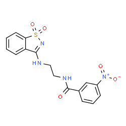 ChemSpider 2D Image | N-{2-[(1,1-Dioxido-1,2-benzothiazol-3-yl)amino]ethyl}-3-nitrobenzamide | C16H14N4O5S