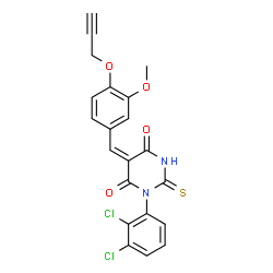 ChemSpider 2D Image | (5E)-1-(2,3-Dichlorophenyl)-5-[3-methoxy-4-(2-propyn-1-yloxy)benzylidene]-2-thioxodihydro-4,6(1H,5H)-pyrimidinedione | C21H14Cl2N2O4S
