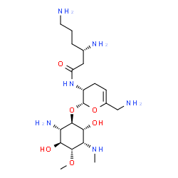 ChemSpider 2D Image | (3S)-3,6-Diamino-N-[(2S,3R)-2-{[(1R,2S,3S,4S,5S,6R)-2-amino-3,6-dihydroxy-4-methoxy-5-(methylamino)cyclohexyl]oxy}-6-(aminomethyl)-3,4-dihydro-2H-pyran-3-yl]hexanamide | C20H40N6O6